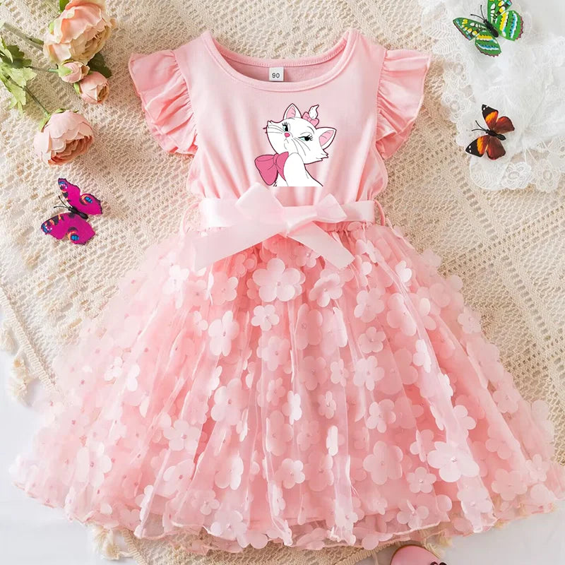 Marie Cat Girls Summer Dress Cartoon Bow Tutu Dress 3D Butterfly Cute Cotton Party Casual Dress for Baby 2-6 Years
