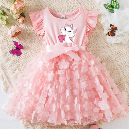 Marie Cat Girls Summer Dress Cartoon Bow Tutu Dress 3D Butterfly Cute Cotton Party Casual Dress for Baby 2-6 Years