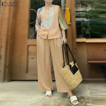 ZANZEA Summer Casual Daily Printing Pant Suits Woman Wide-Leg Pants & 3/4 Sleeve O-Neck Shirts 2 Piece Sets Women's Outfits 3XL