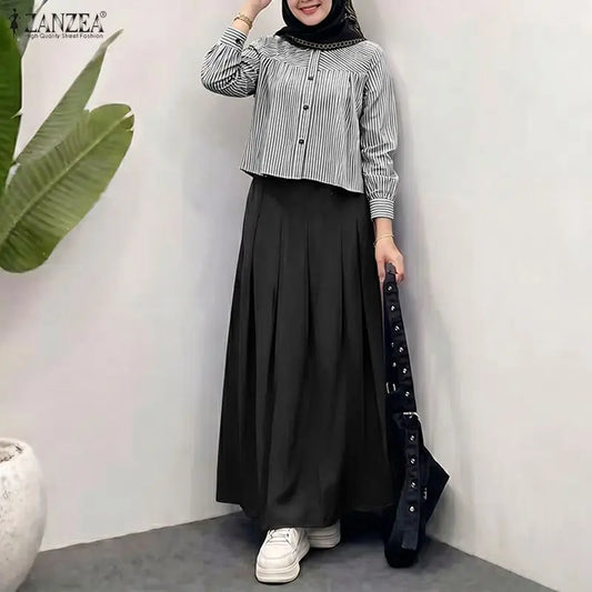 ZANZEA 2PCS Women Muslim Matching Sets Elegant Long Sleeve Striped Shirt Dress Suit Ramadan Outfits Fashion Hijab 2 Pieces Sets