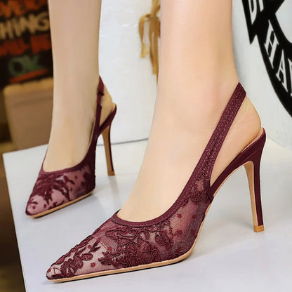 BIGTREE Shoes Women Pumps Hollow Lace Mesh Back Strap High Heels Pointed Tip Women Heels 9 cm Stiletto Sandals Sexy Party Shoes
