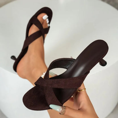 Women's Mules Open Toe Kitten Heel Sandals Suede Look Criss Cross Straps Slip-On Minimalist Casual Dress Shoes Daily Footwear
