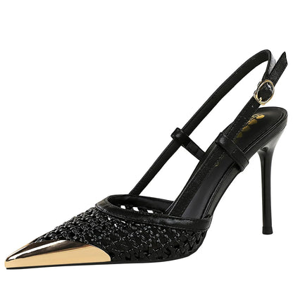 BIGTREE Fashion Hollow Woven Slim Heel Sandals Women Shoes Summer Advanced Metal Pointed High Heels Women Pumps Stiletto 8.5 cm
