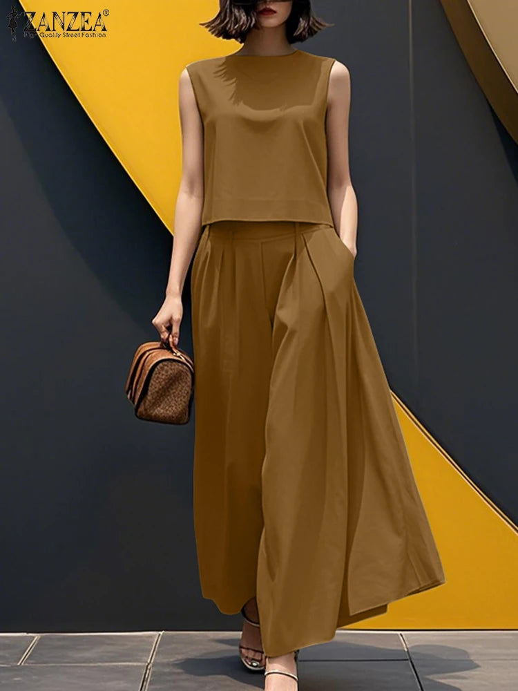 ZANZEA Woman Fashion 2-Pieces Sets Summer Sleeveless Crop Tops & Wide Leg Pants 2pcs Suits Outfit Elegant Casual Loose Pant Sets