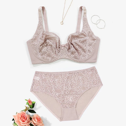 BEAUWEAR Female Big Size Lace Lingerie Set Bra with Wire Unlined Thin Breathable Bra and Panties Set 85C-110E