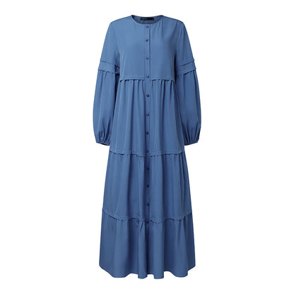 Women Autumn Dresses ZANZEA Muslim Abaya Robe Femme Elegant Long Sleeve Pleated Sundress Ramadan Kaftan Solid Button Vestido
