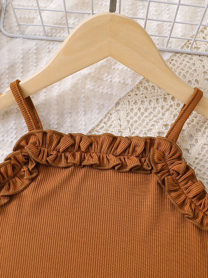 Spring Summer Girls Fashion Casual 2-piece dress Brown petal edge sleeveless vest + floral pleated cake knee-length skirt set