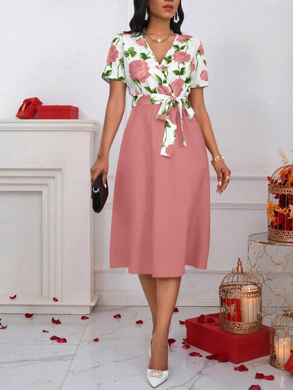 Women's Floral Print V-Neck Tie Waist Midi Dress - Rose Patchwork A-Line Short Sleeve Dress for Casual, Vacation & Wedding Guest