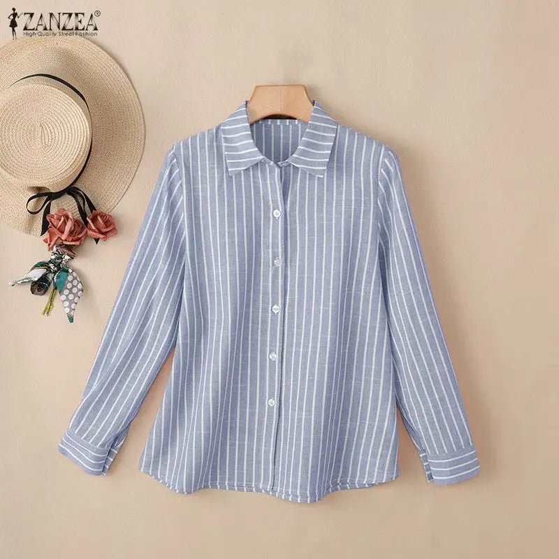 ZANZEA Women Loose Long Sleeve Shirts Striped Turn-Down Collar Button Up Oversized Tops 2026 Autumn Commute Work Camisas Mujer