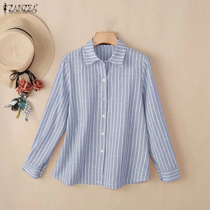 ZANZEA Women Loose Long Sleeve Shirts Striped Turn-Down Collar Button Up Oversized Tops 2026 Autumn Commute Work Camisas Mujer