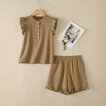 ZANZEA Women's Seersucker Grid Short Sets Ruffles Sleeves Tops & Elastic Waist Shorts 2-Piece Sets Summer Casual Daily Co-ords