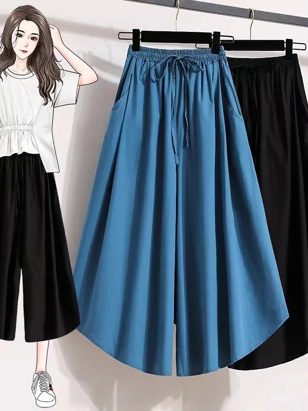 plus Size High Waist Wide Leg Pants Thin Summer Casual Nine Points for plus Size Women Comfortable Breathable Skin-Friendly