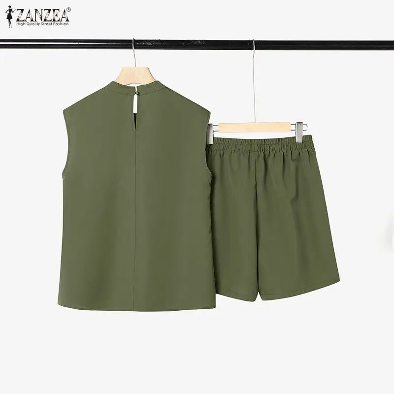 2026 ZANZEA Summer O Neck Sleeveless Tanks Tops Short Sets Stylish Women 2 Pieces Sets 2PCS Casual Holiday Outfits Tracksuit