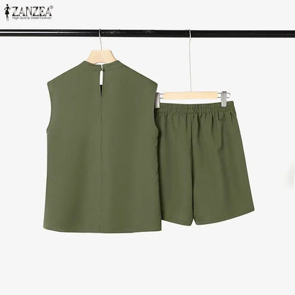 2026 ZANZEA Summer O Neck Sleeveless Tanks Tops Short Sets Stylish Women 2 Pieces Sets 2PCS Casual Holiday Outfits Tracksuit