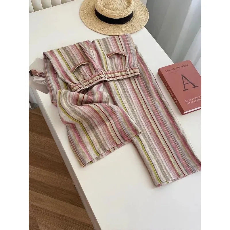 Women's Pink Striped Linen Wide Leg Pants High Waist Loose Fit Casual Summer Trousers with Drawstring