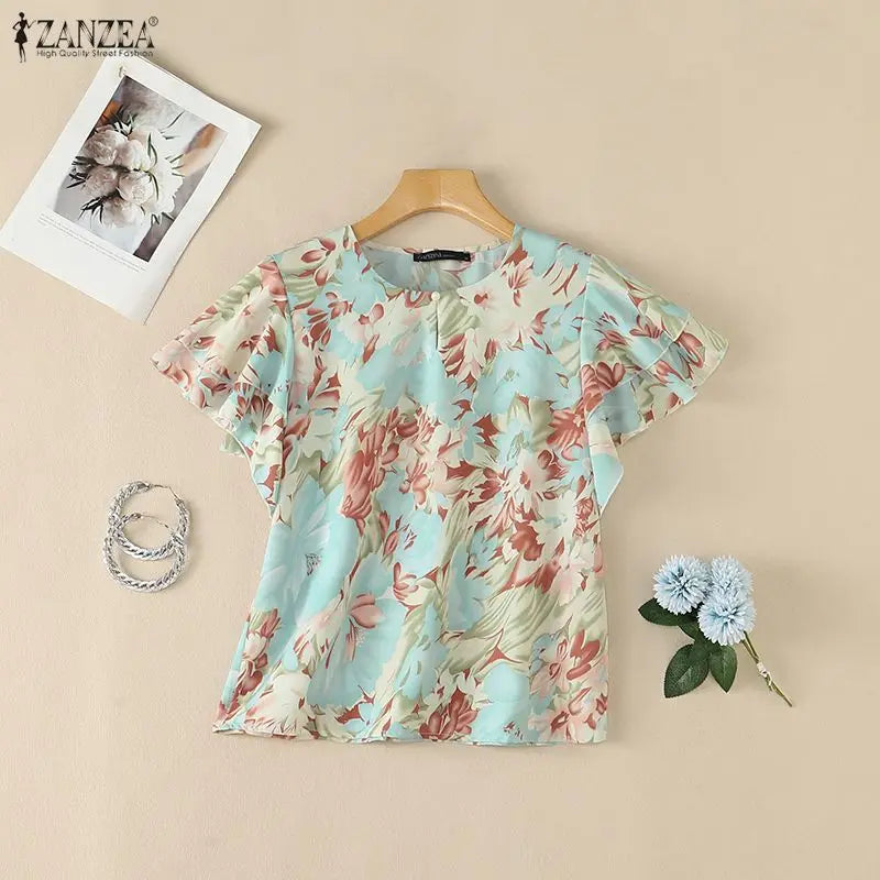 ZANZEA Summer Women Blouses Ruffles Short Sleeve Tops Fashion Print Tops Streetwear OL Work Party Blusas Oversize Tunic S-3XL