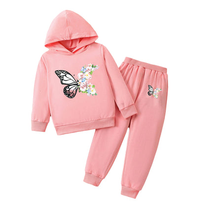 Kids Soft Casual Workout Outfit Girls Cute Butterfly Print Outfit Tracksuit Long Sleeves Hoodie with Pants Outdoor Sports Wear