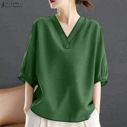 ZANZEA Contrast-Stitch V-Neck 3/4 Lantern Sleeve Blouses for Woman Casual Loose Pullover Tops Summer Daily Casual Blusa de Mujer