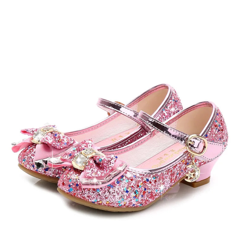 Children Princess Sandals Kids Girls Wedding Shoes High Heels Dress Shoes Bowtie Purple Pink Blue Silver Shoes For Girls