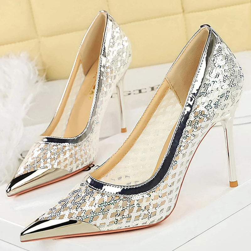 Luxury High Heels Sequin Mesh Women Pumps Metal Pointed Tip Women Heels 9.5 CM Stiletto Fashion Banquet Shoes Sexy Party Shoes