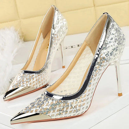 Luxury High Heels Sequin Mesh Women Pumps Metal Pointed Tip Women Heels 9.5 CM Stiletto Fashion Banquet Shoes Sexy Party Shoes
