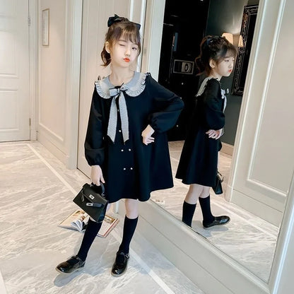 2025 New Girls' Plus Size Korean Style Stylish Long Sleeve Peter Pan Collar Cute Princess Dresses for 4-12 Years Old