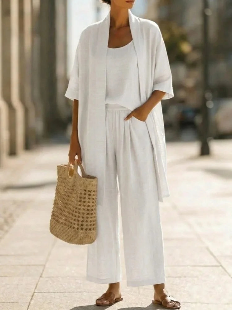Casual Solid Cotton Linen Loose Vest Shirt Trouser 3pc Set Women Short Sleeve Cardigan Wide Leg Pants Suits Summer Lady Outfits