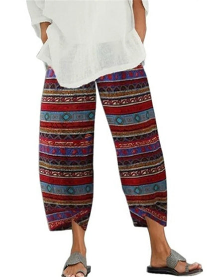Vintage Cotton and Linen Loose Harem Pants Casual High Waist Wide Leg Trousers Women Harajuku Printed Baggy Pants Oversized