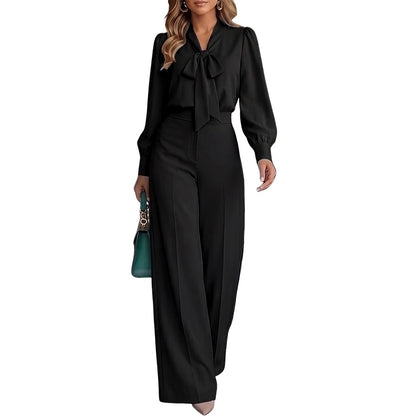 ZANZEA Women Elegant Chic Matching Pant Sets Tie Neck Long Sleeve Blouses & Wide Leg Pants 2pcs Suits Office Commute Wear Outfit