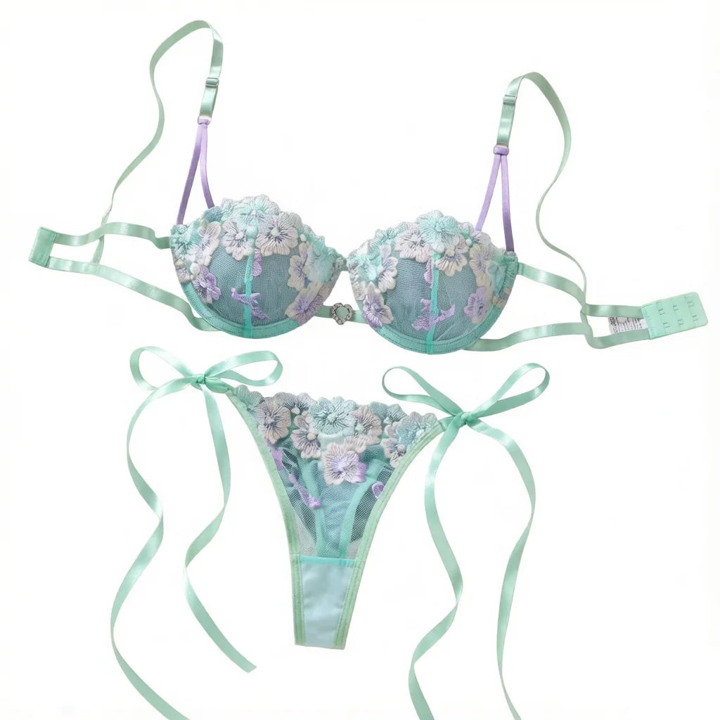 Women Sexy Lingerie Set Mint Green Floral Embroidery Lace Sheer Mesh Bra Thong Set Contrast Bow French 2‑Piece Underwear Suit