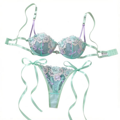 Women Sexy Lingerie Set Mint Green Floral Embroidery Lace Sheer Mesh Bra Thong Set Contrast Bow French 2‑Piece Underwear Suit