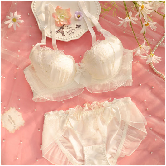 Embroidery thin section ruffled underwear girls sweet and lovely lingerie breifs sets three buckle gathered ladies bra set