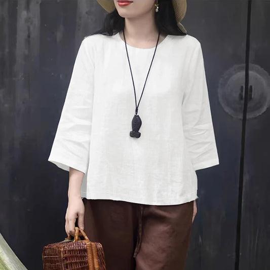 ZANZEA Woman Vintage Cotton Linen Blouses Minimalist O-Neck 3/4 Sleeve Solid Color Tunic Top Summer Loose Casual Blusas de Mujer