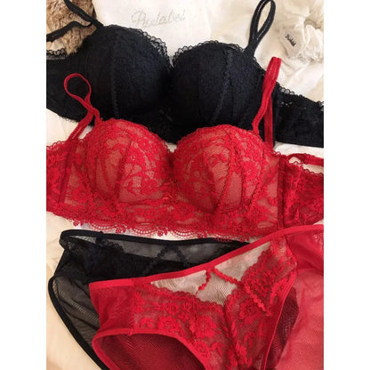 French Lace Push Up Bra Lingerie Set See Through Babydoll Shelf Bustier Half Cup Sexy Bodysuit Women Underwear Thin Thick Bottom