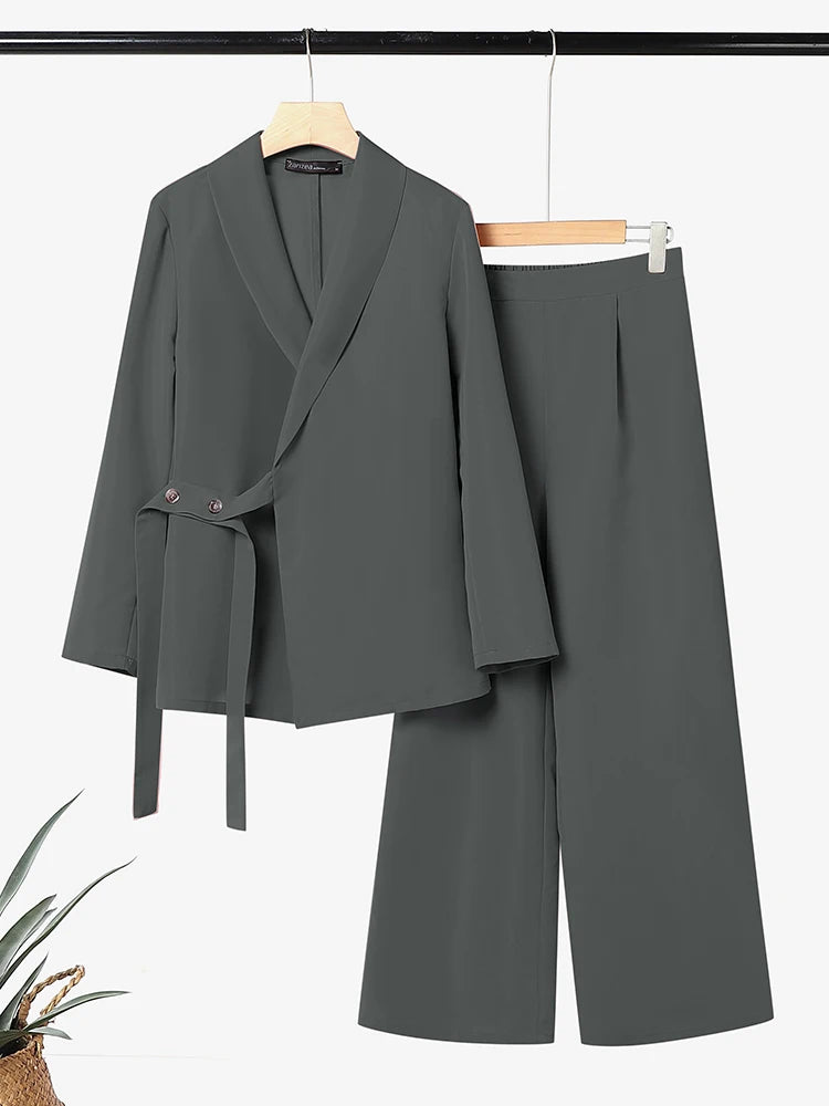 ZANZEA Spring Fashion 2 Piece Sets 2026 Women Office Outfits Long Sleeve Blazer Tops Pant Sets Solid OL Tracksuit Matching Sets
