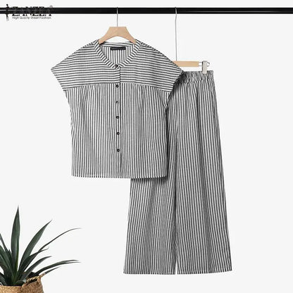 Summer Women Pant Sets Fashion ZANZEA 2PCS Stripe Two-piece Outfits Short Sleeve Tops Wide Leg Pants Streetwear Matching Sets