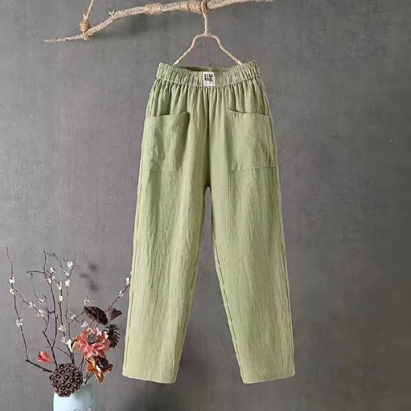 Women's Soft Cotton Linen Pants with Pockets Casual Solid Color Straight 4 Points Pants Fashion Loose Versatile Harem Pants