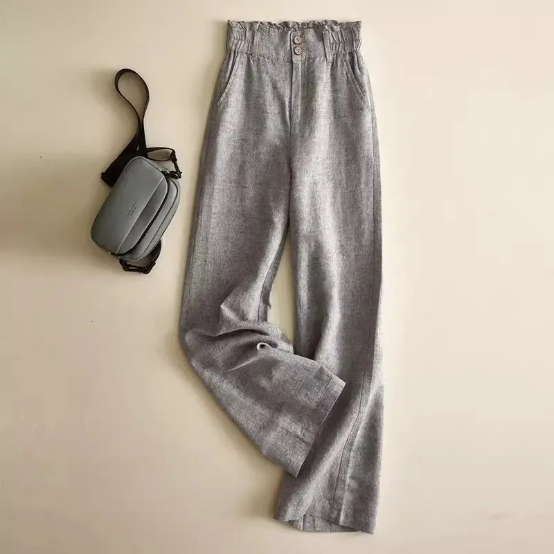 Grey Linen Wide Leg Pants Women's High Waist Drapey Loose Casual Cotton Linen Pants Flower Bud Waist Flax Straight Long Pants