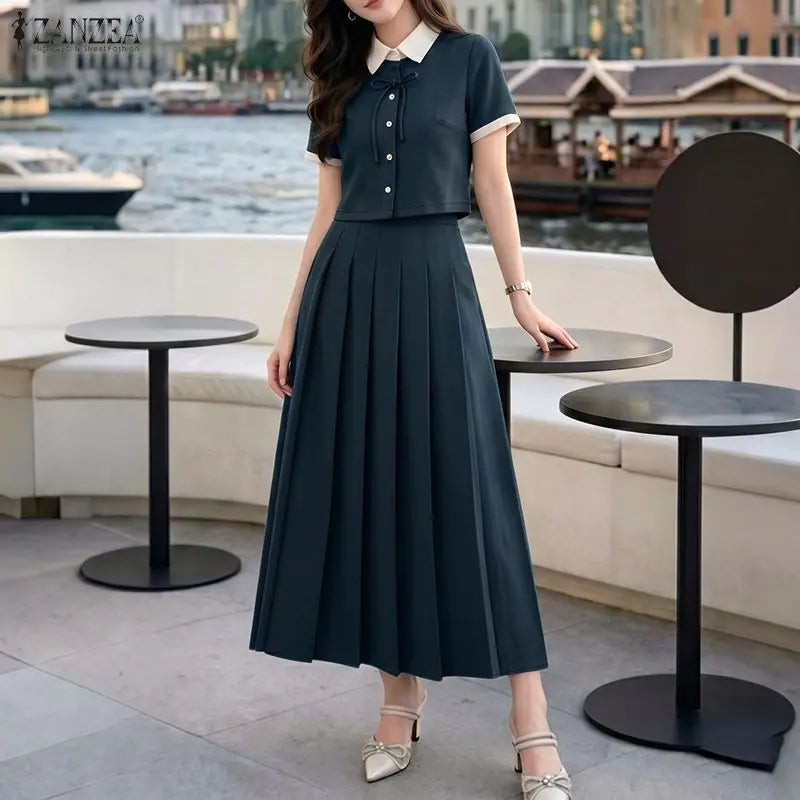 ZANZEA Women Elegant Skirt Sets Short Sleeve Cropped Shirt & A-Line Midi Skirt 2 Pieces Sets Office Commute Skirt Suits Outfits