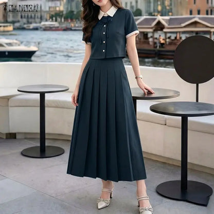 ZANZEA Women Elegant Skirt Sets Short Sleeve Cropped Shirt & A-Line Midi Skirt 2 Pieces Sets Office Commute Skirt Suits Outfits