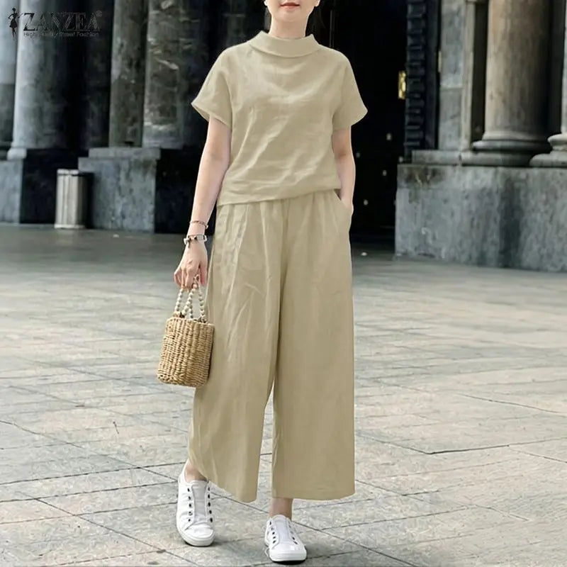 ZANZEA Women's Loose Pant Sets Collared Short Sleeve Tops & Wide Leg Pants 2 Pieces Suits Daily Casual Solid Color 2pcs Outfits