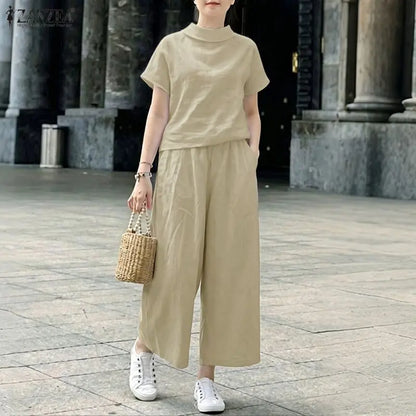 ZANZEA Women's Loose Pant Sets Collared Short Sleeve Tops & Wide Leg Pants 2 Pieces Suits Daily Casual Solid Color 2pcs Outfits