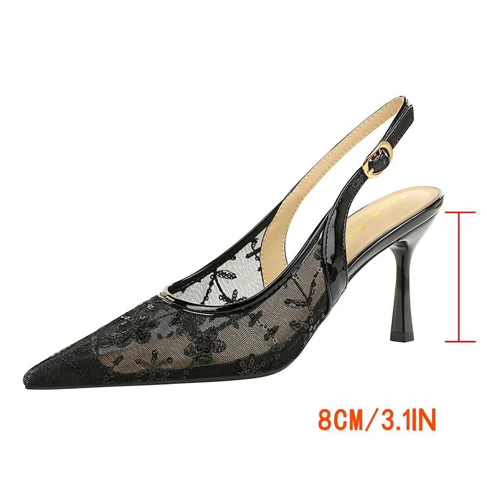 Luxury Women 8 Cm Heels Sandals Women Pumps Lace Mesh High Heels Sequin Stiletto Sexy Party Shoes Summer Ladies Sandals Fashion