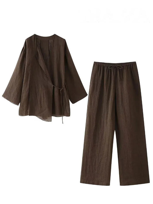 HH 2025 Spring Women Fashion Linen Suits New Solid Cardigan Kimono Top + Versatile Outerwear Female Wide Leg Long Pant