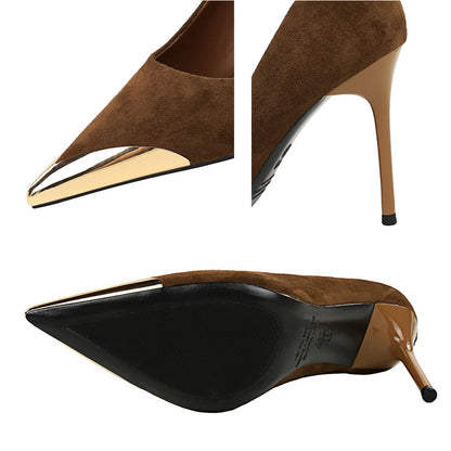 BIGTREE Shoes Metal Pointed Tip Women Pumps Suede High Heels Ladies Shoes Stiletto 9.5 Cm Sexy Party Shoes Women Heels Female