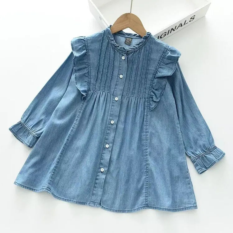 2026 Spring Autumn New 3 4 6 8 10 12 Years Embroidery Flower Long Short Sleeve Double Use Denim Blue Kids Girl Dress With Belt