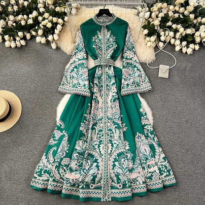 Spring Autumn Women's Dress Vintage Long Sleeve Print Floral High Waist Boho Party Maxi Vestidos Elegant Luxury Long Dresses