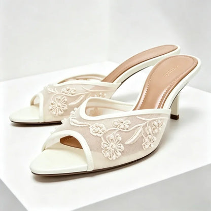 Summer Mesh Embroidery Brown Slippers Women Sexy Peep Toe Heeled Sandals for Ladies Elegant String Bead Decorative Designer Shoe