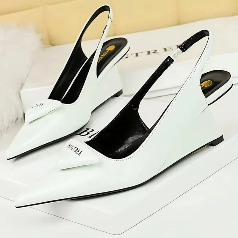 BIGTREE Shoes 2026 New Wedges Heels Women Patent Leather Woman Pumps Hollow Back Strap Women Sandals Elegant High Heels 6.5 Cm