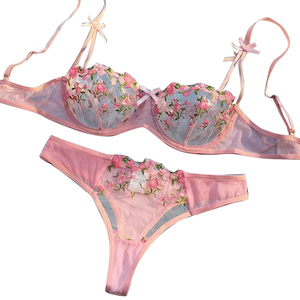 Sweety Women Floral Embroidery Bra And Briefs Set Hollow Sleepwear Underwear Ultrathin Lace Transparent Babydoll Cute No-pad Bow
